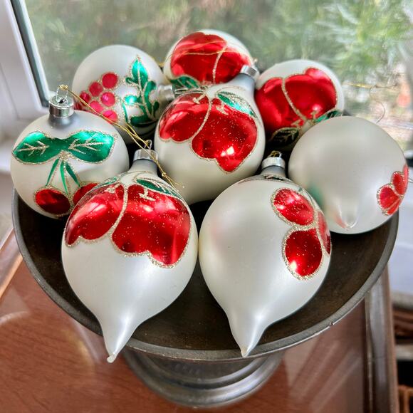 Vintage Blown Glass Ball Ornaments with Glittered Fruit Design - Set of 8 - Picture 10 of 13